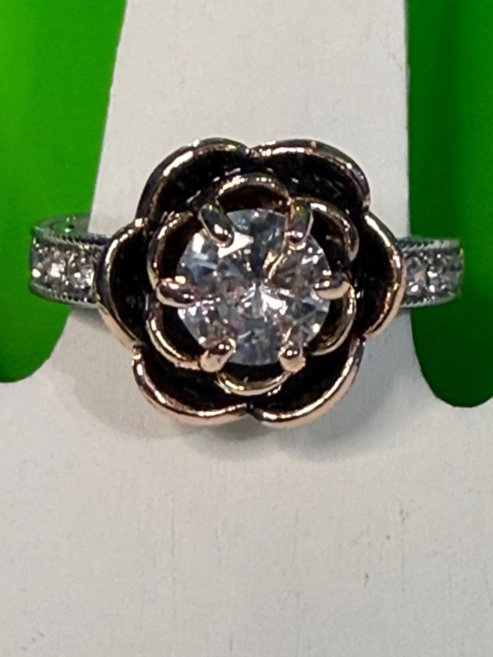 Rose Flower Mixed Metal size 9 Cluster Solitaire Ring - Silver Plated
